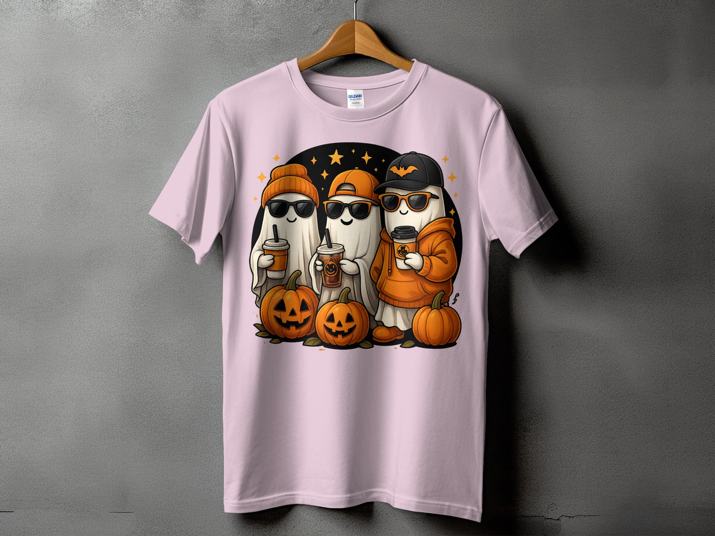 Three cute ghosts holding coffee cups and wearing Halloween accessories with pumpkins.