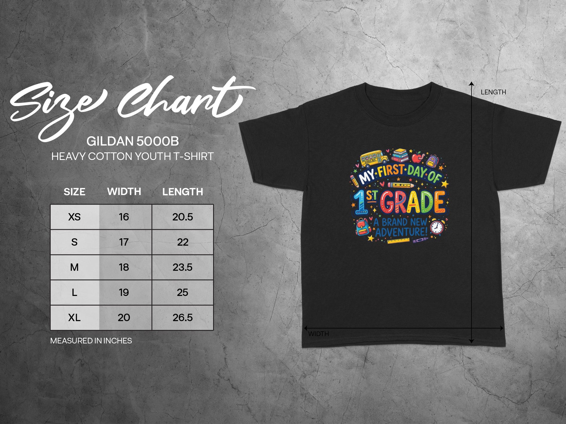 Gildan 5000B youth t-shirt size chart with dimensions in inches for XS through XL.