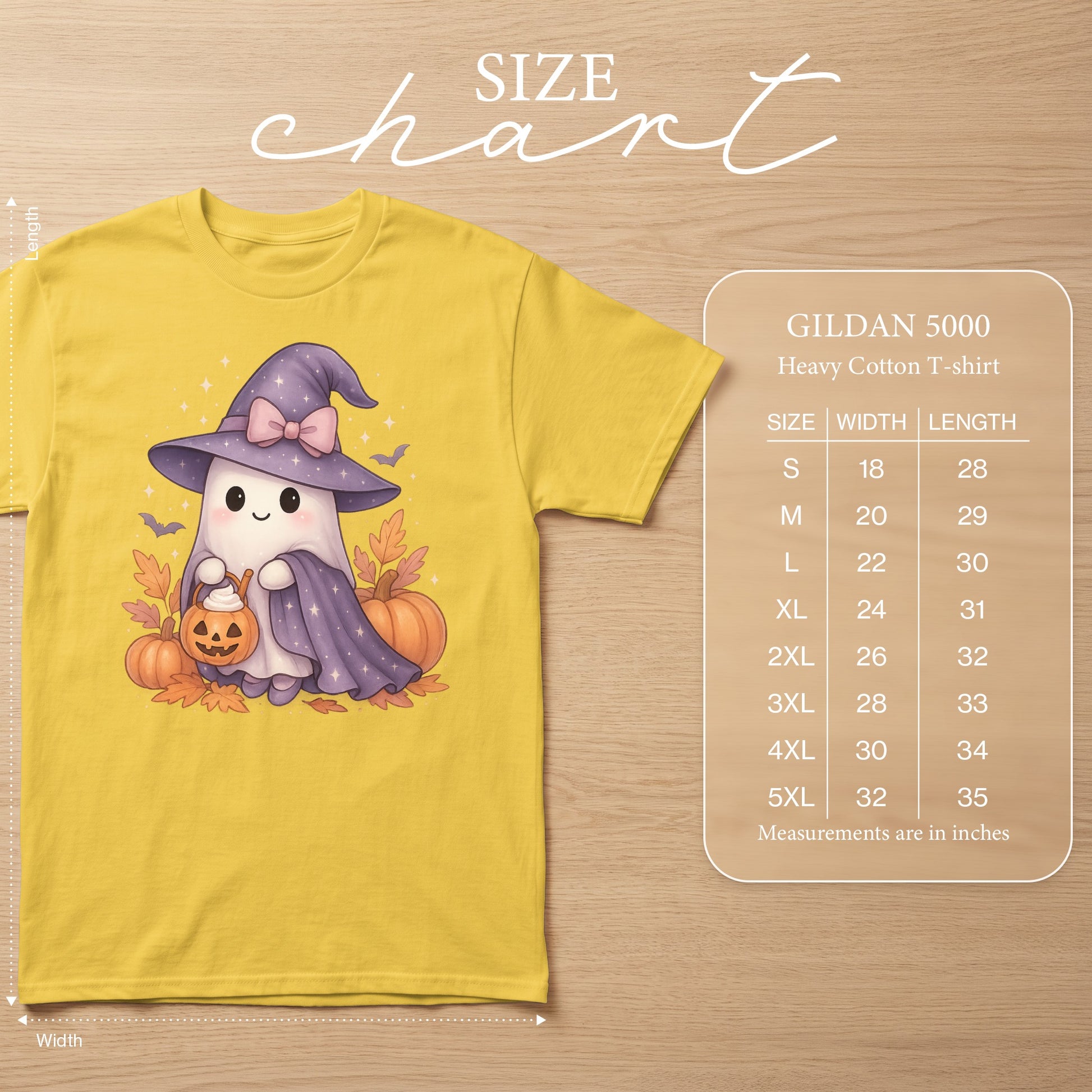 Yellow Gildan 5000 t-shirt with a cute ghost wearing a witch hat and holding a pumpkin.