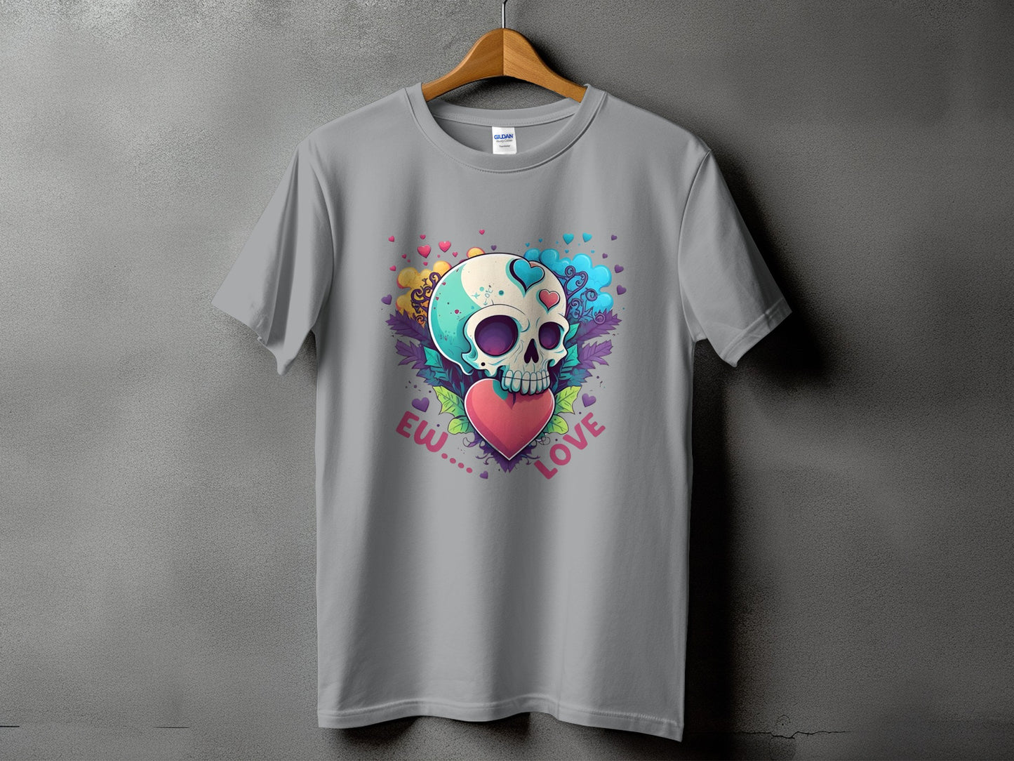 T-shirt with a teal and white skull surrounded by hearts and foliage, text says "Ew.... Love".