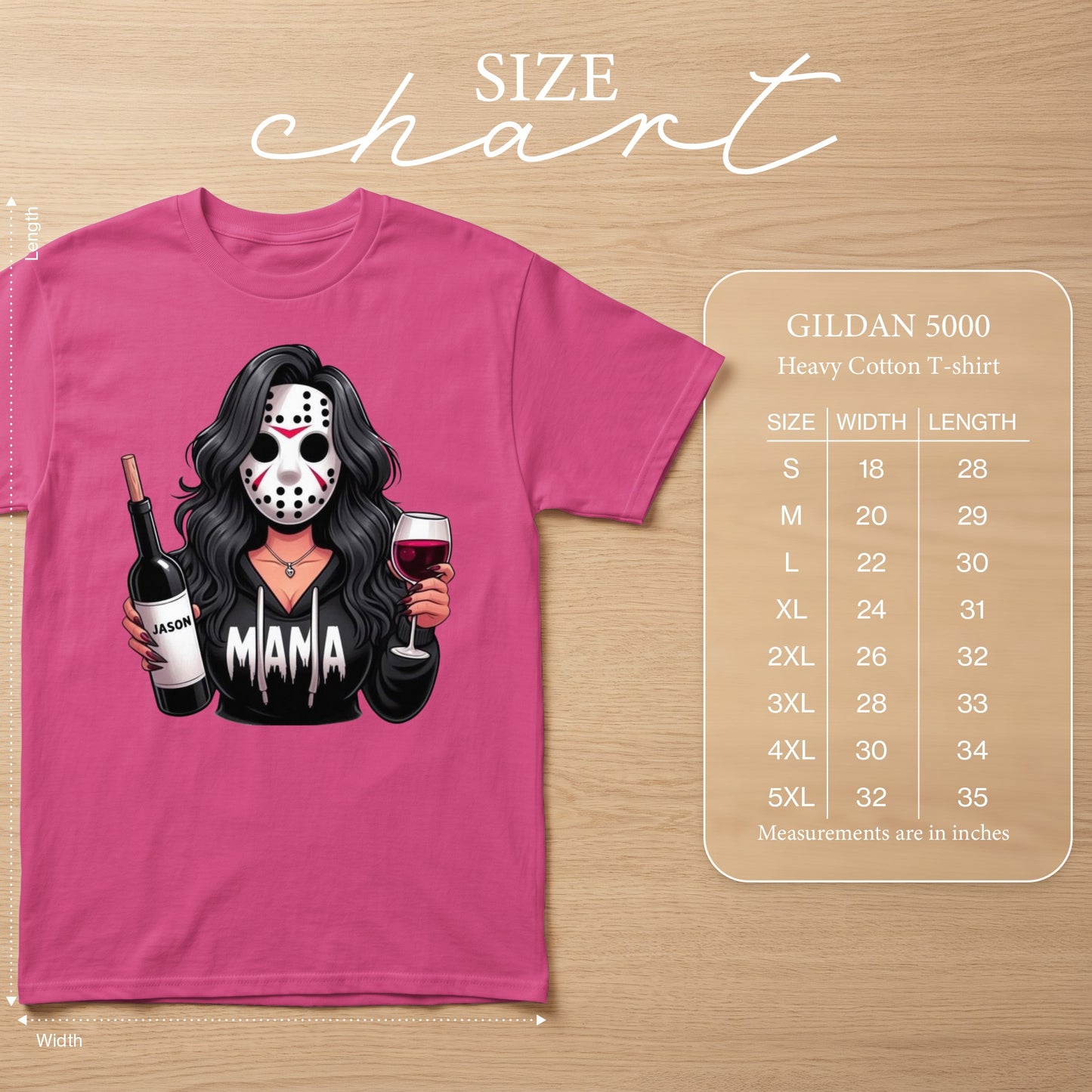 Pink t-shirt featuring a woman in a Jason mask holding a bottle and glass. Size chart included.