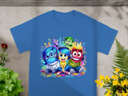 T-shirt featuring characters from Inside Out with colorful paint splatters.