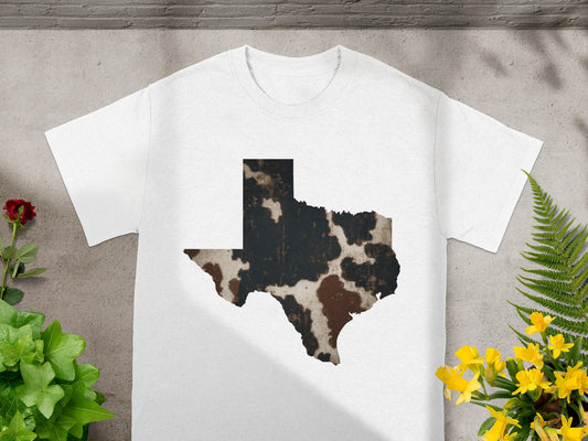White t-shirt with Texas map graphic in cowhide pattern.