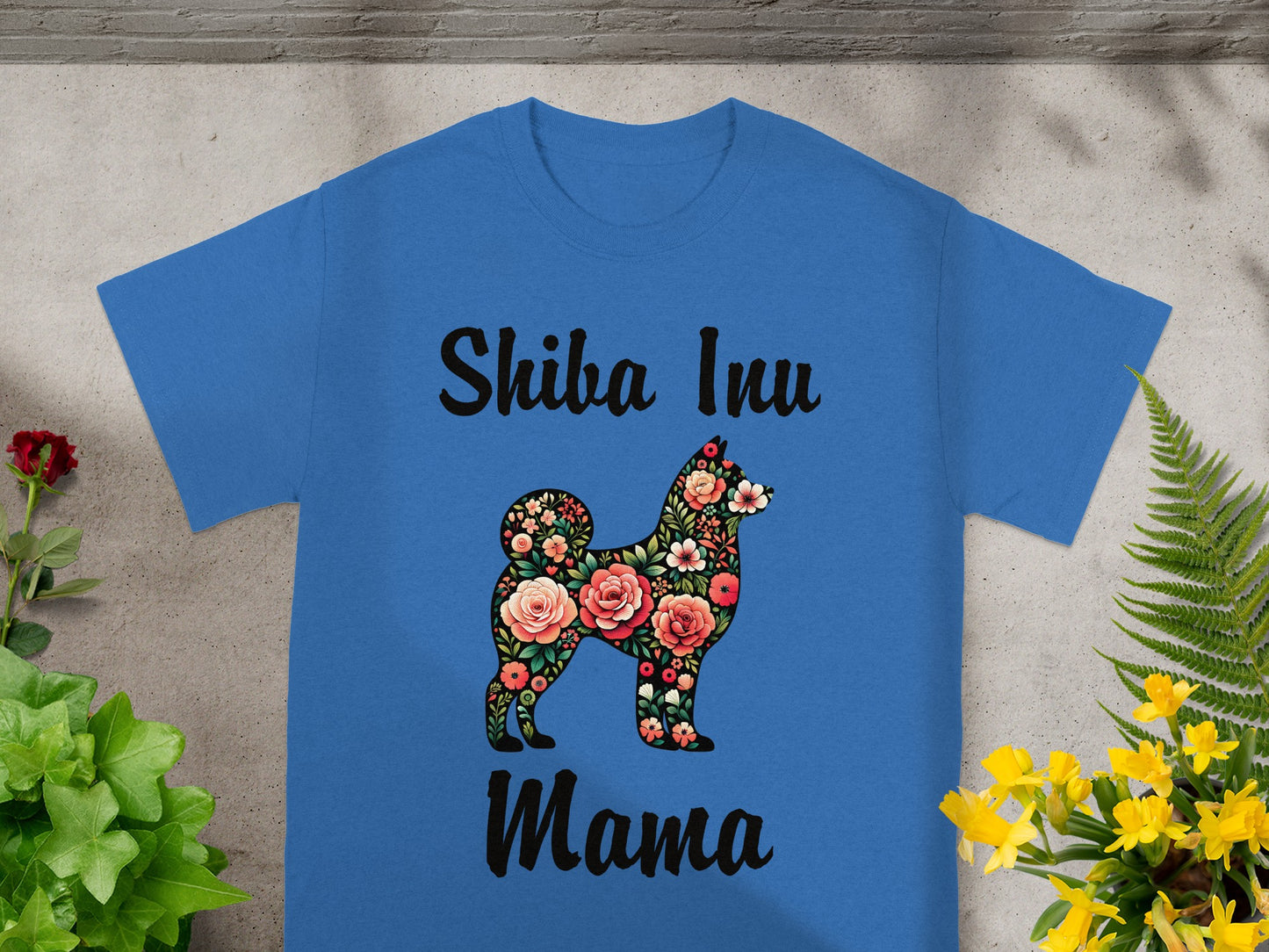 Blue t-shirt with "Shiba Inu Mama" text and floral dog silhouette.