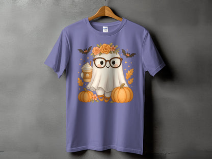 Ghost with glasses, floral crown, coffee, pumpkins, and bats on purple t-shirt.