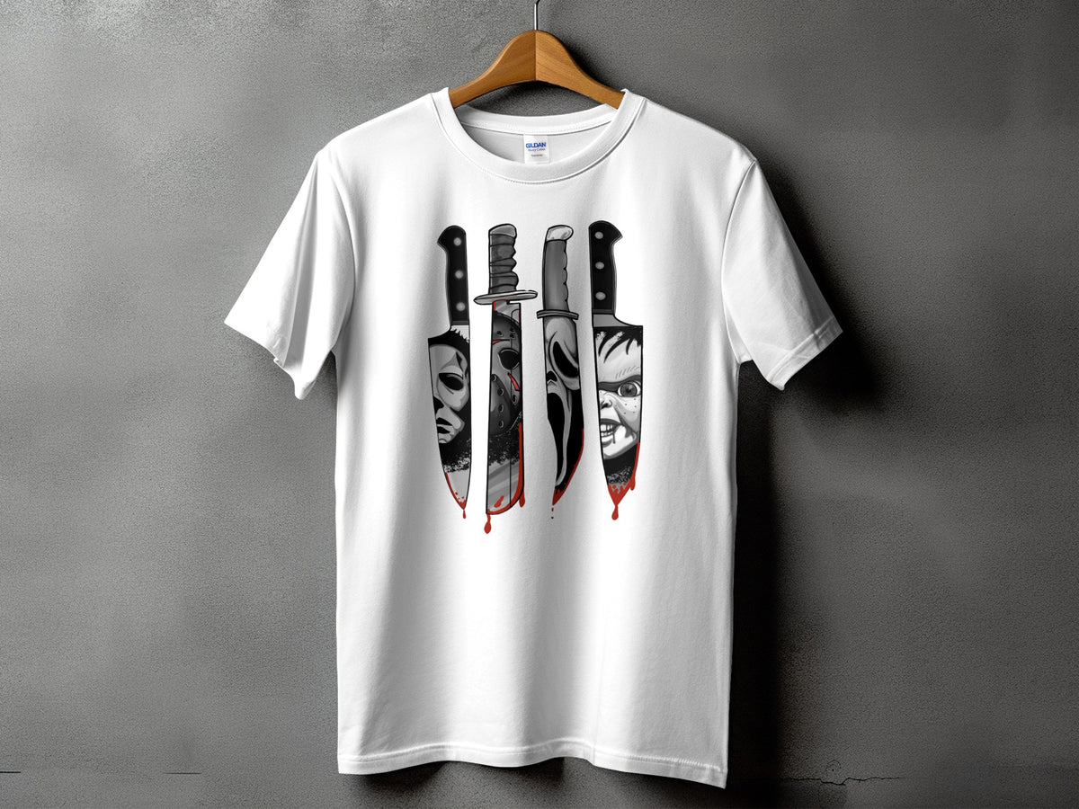 White t-shirt with four horror movie knives featuring masked faces and dripping blood.