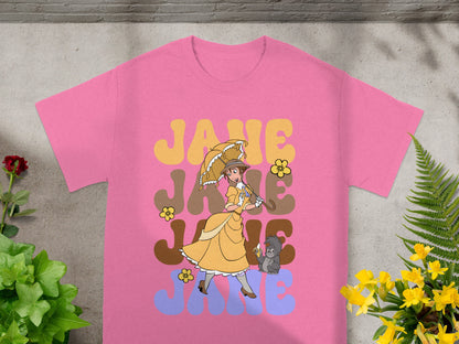 Pink t-shirt with Jane, umbrella, and monkey graphic.