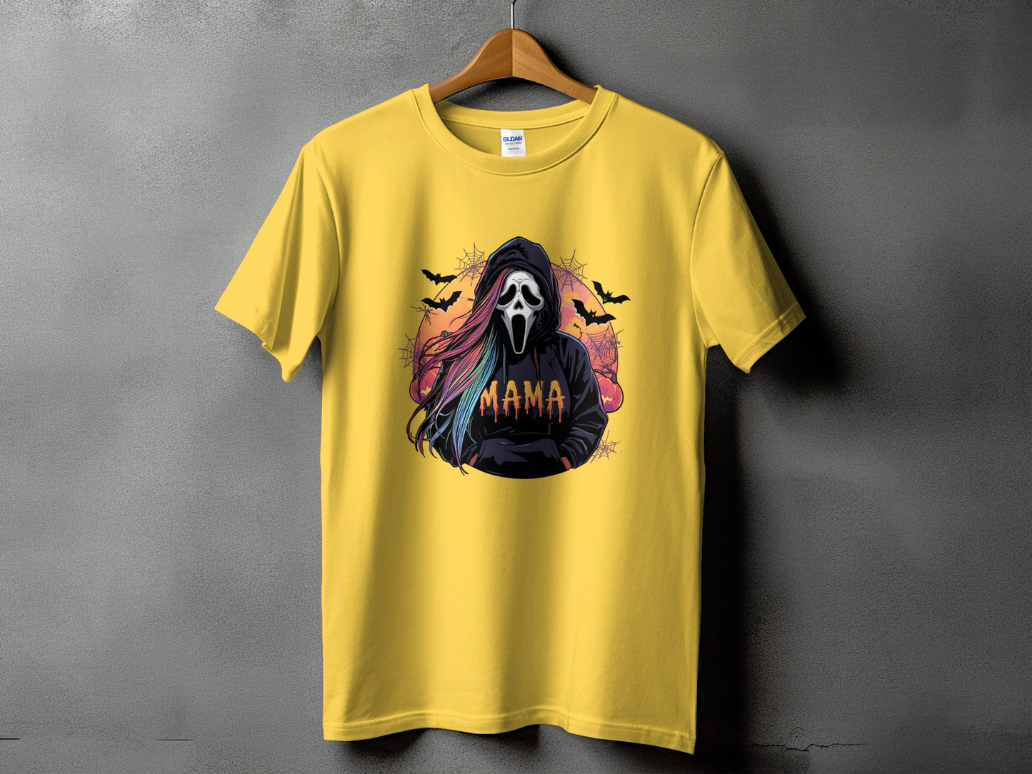 Yellow t-shirt with Ghostface mask, rainbow hair, and "Mama" text.