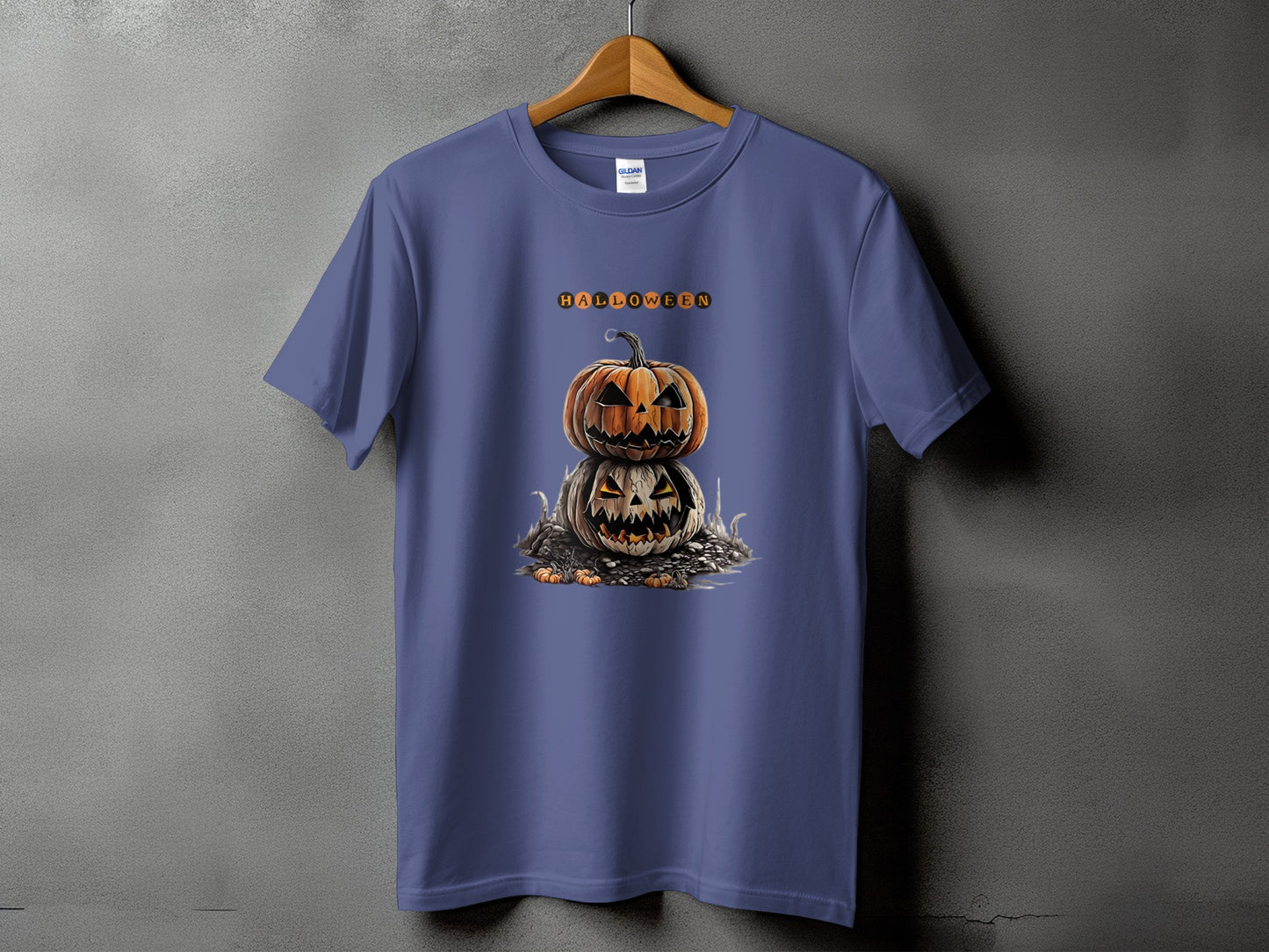 Purple t-shirt featuring stacked jack-o'-lanterns and the word "HALLOWEEN".