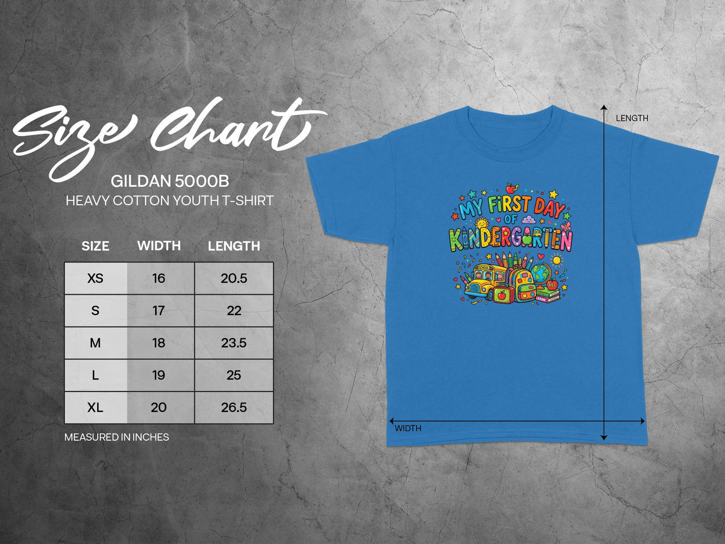 Gildan 5000B youth t-shirt size chart with measurements in inches.