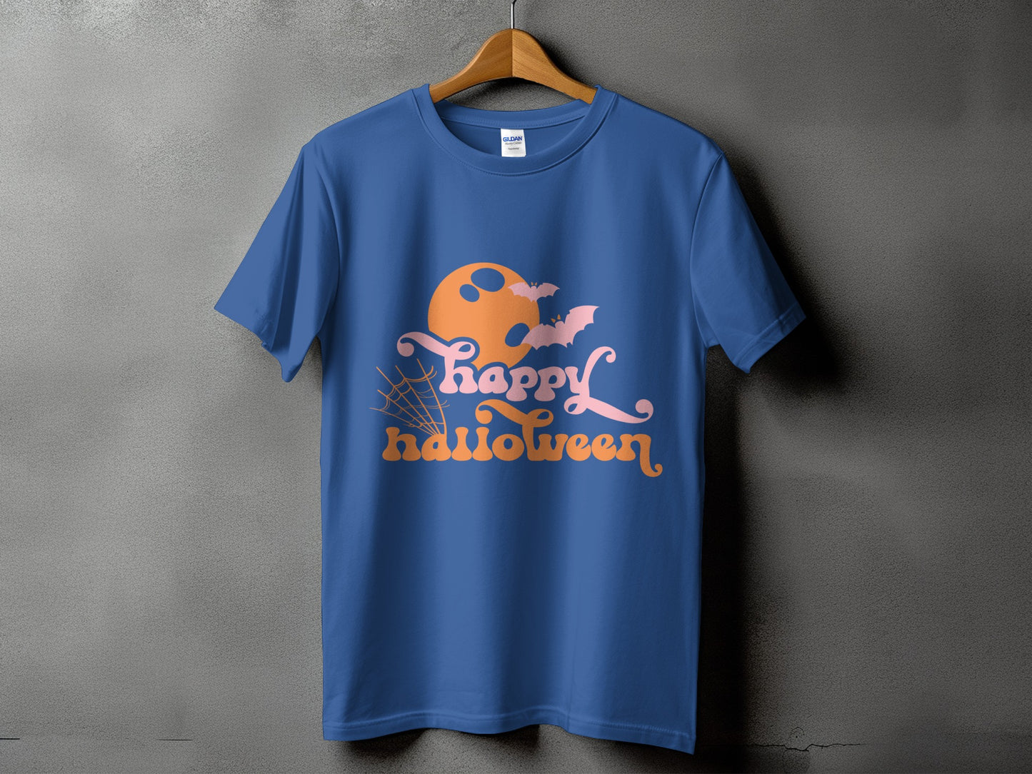 Blue t-shirt with "happy halloween" text, a moon, bats, and a spiderweb.