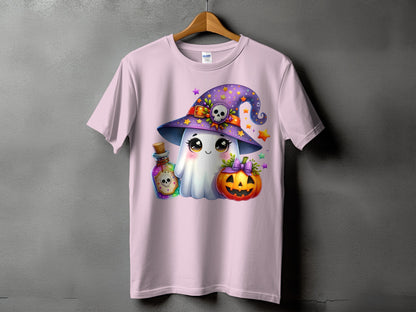 Ghost in witch hat with potion and pumpkin on pink t-shirt.