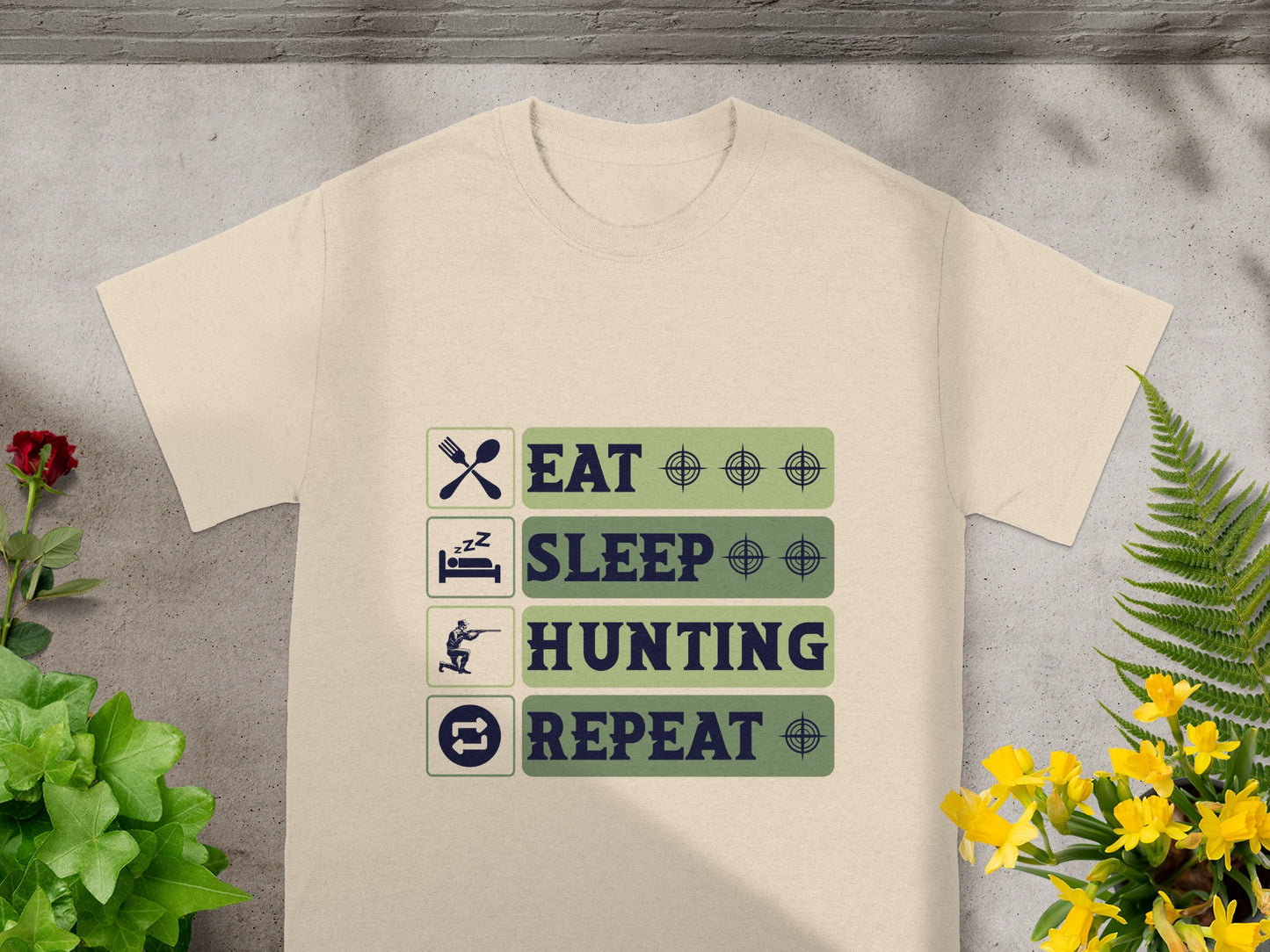 Cream t-shirt with "Eat Sleep Hunting Repeat" and icons.