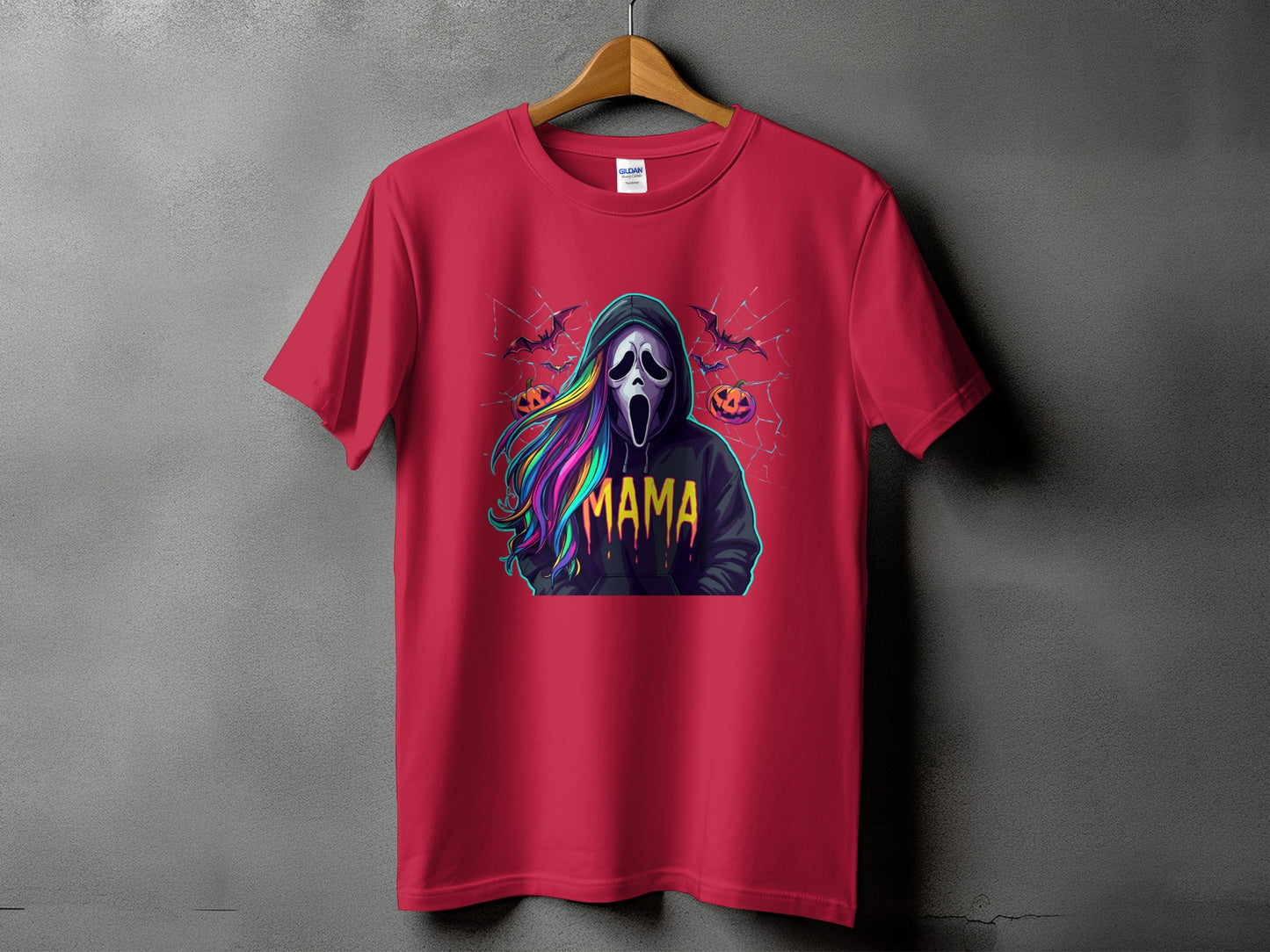 Red t-shirt with a ghost mask, rainbow hair, and "MAMA" text.
