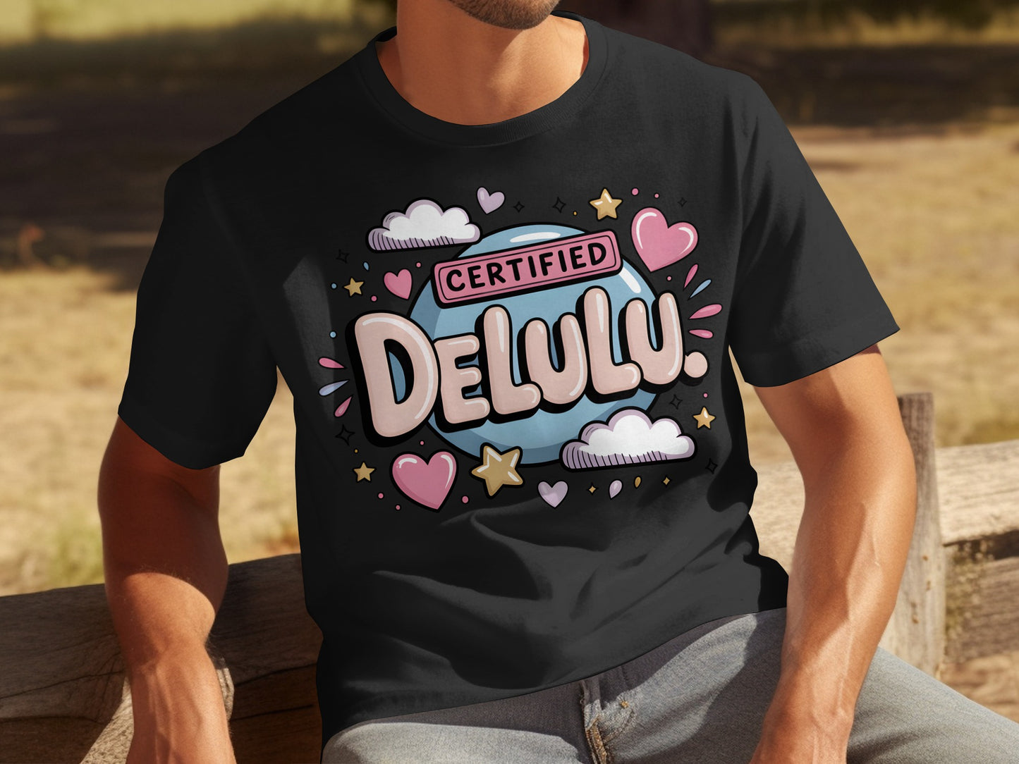 Certified Delulu Fun Graphic Tee with Hearts and Stars