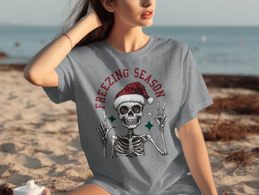 Freezing Season Skeleton with Santa Hat Design Shirt