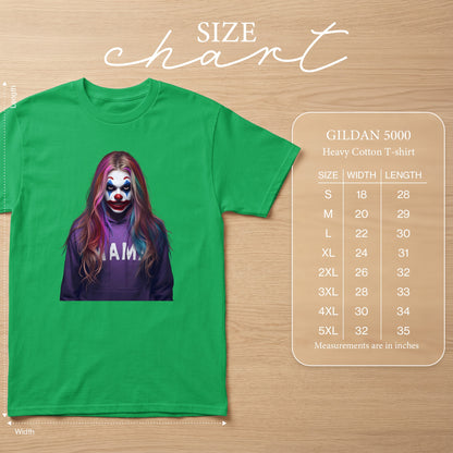 Green Gildan 5000 t-shirt with clown graphic and size chart.
