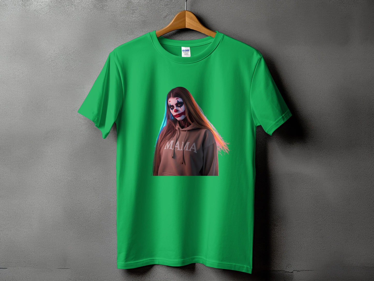 Green t-shirt with a graphic of a woman with clown makeup and the word "MAMA".