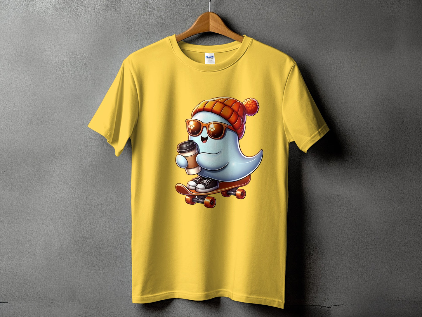 Yellow t-shirt with a cartoon ghost on a skateboard holding coffee.