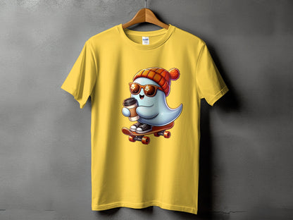 Yellow t-shirt with a cartoon ghost on a skateboard holding coffee.