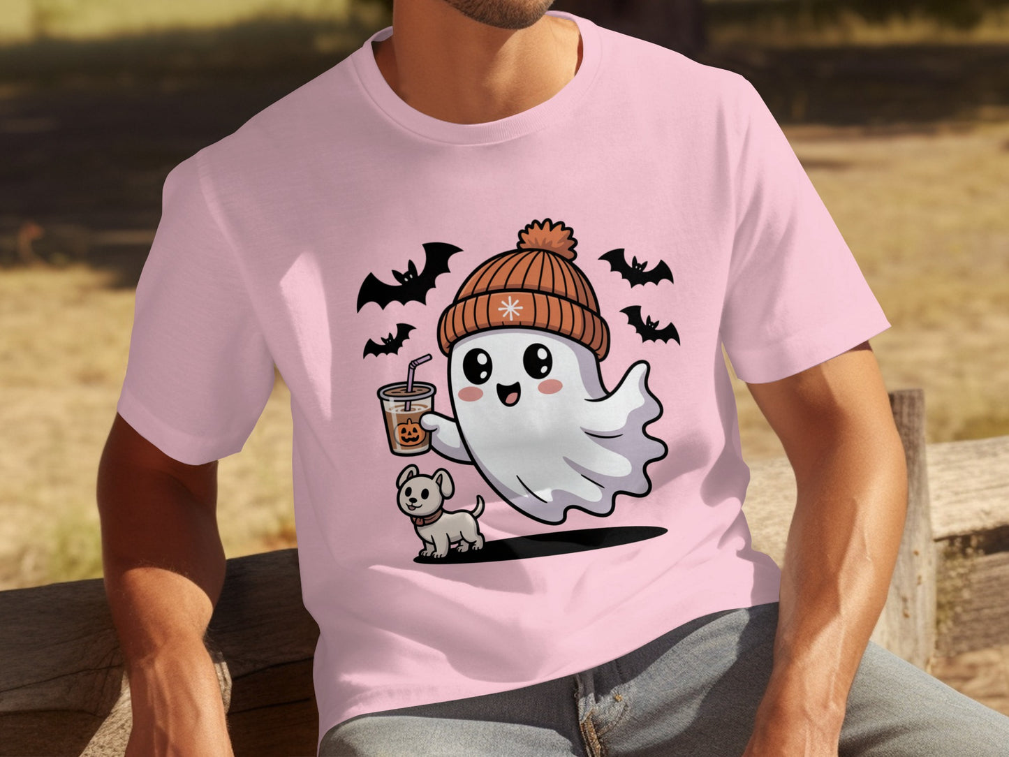 Cute Ghost with Dog and Bats Halloween T-shirt