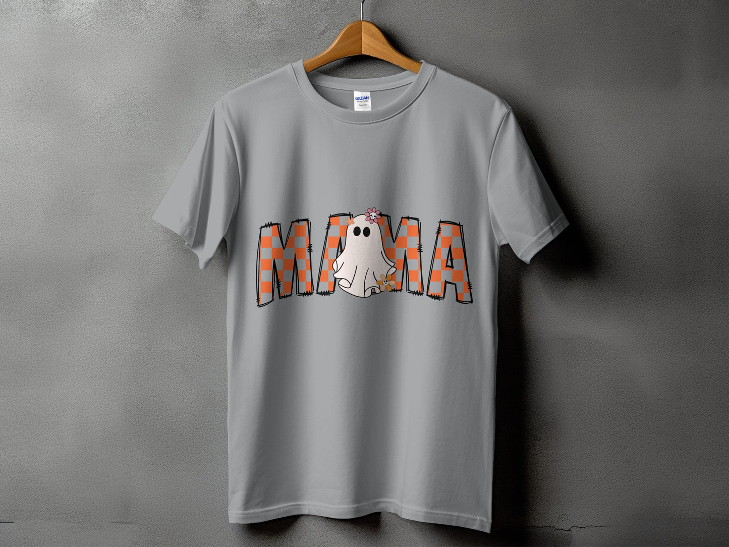 Gray t-shirt with "MAMA" text and a cute ghost design for Halloween.