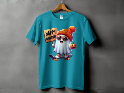 Ghost in beanie and sunglasses on skateboard holding "Happy Halloween" sign and pumpkin.