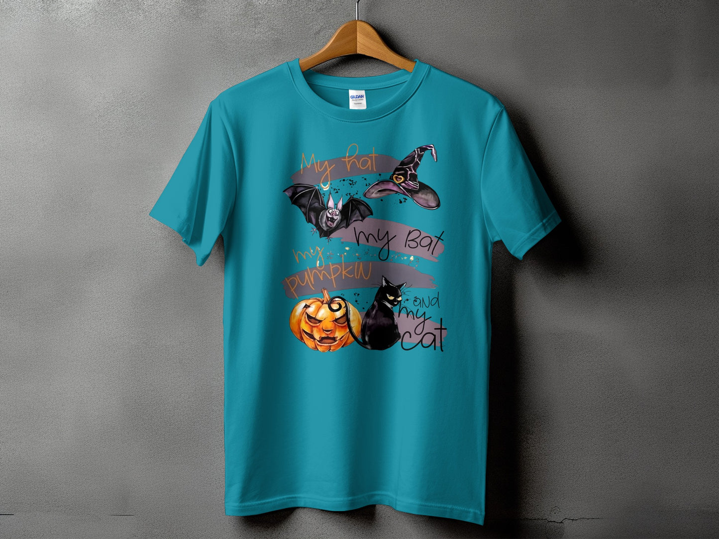 Teal t-shirt with "My hat, my bat, my pumpkin, and my cat" Halloween graphic.
