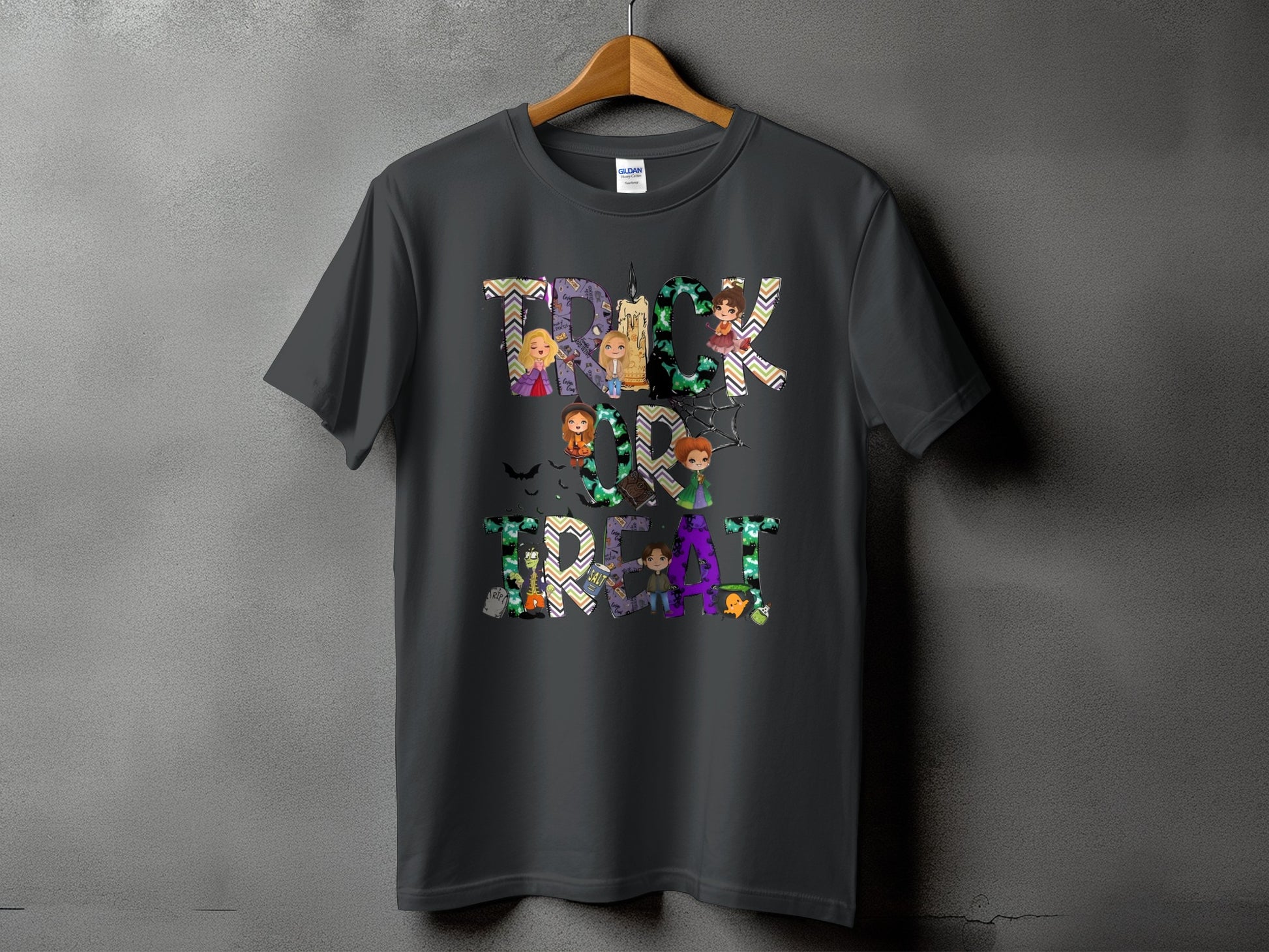 Dark gray t-shirt with "Trick or Treat" text featuring Halloween characters and patterns.