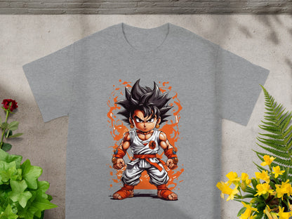 Goku character graphic on a gray t-shirt.
