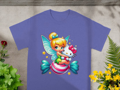 Fairy holding Hello Kitty on a candy cane striped ball.