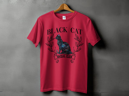 Red t-shirt with galaxy-filled black cat graphic and text "BLACK CAT SOCIAL CLUB."
