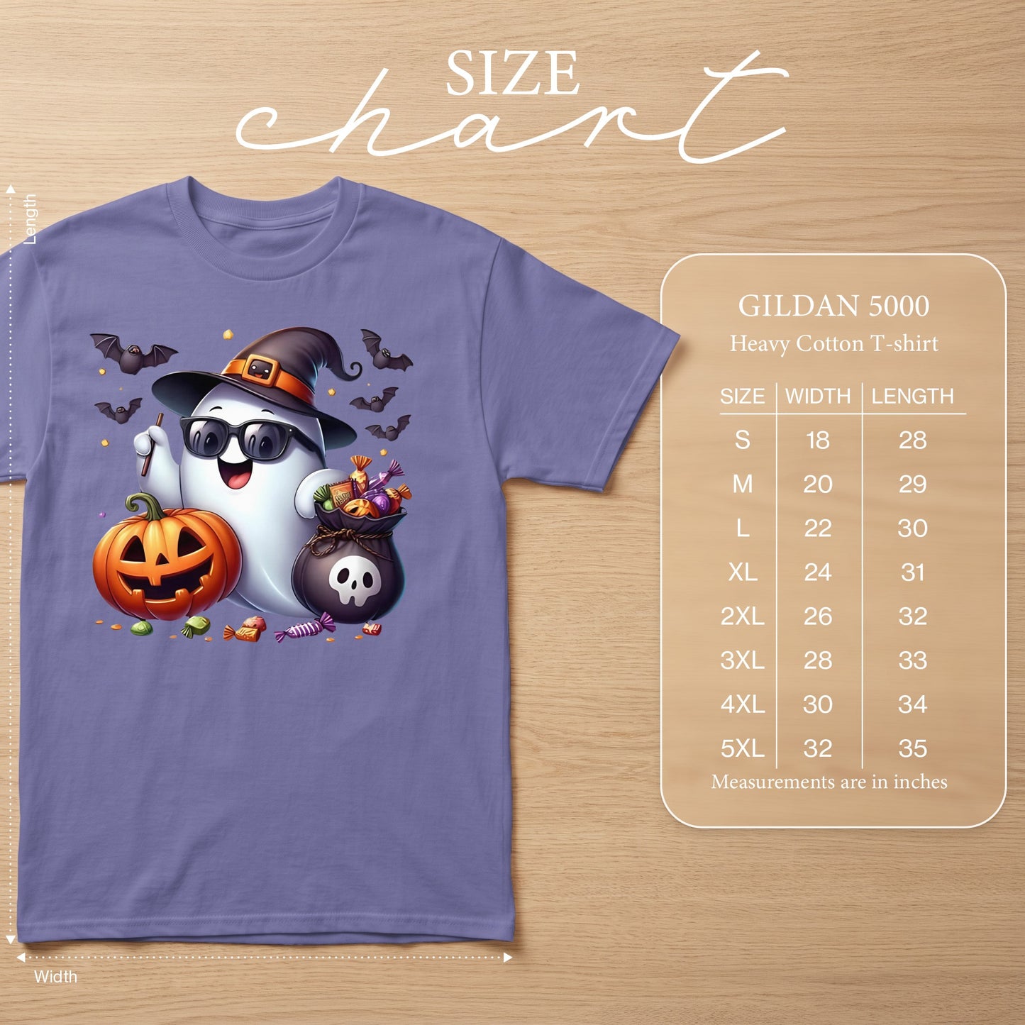 Purple Gildan 5000 Heavy Cotton t-shirt with a Halloween ghost graphic and size chart.