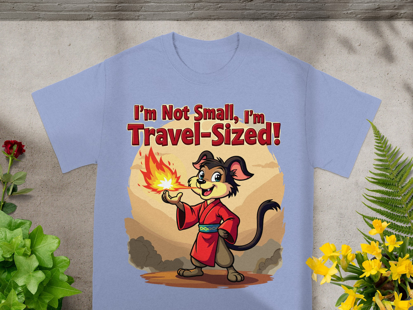 Cartoon dog in a red robe breathes fire with text "I'm Not Small, I'm Travel-Sized!".