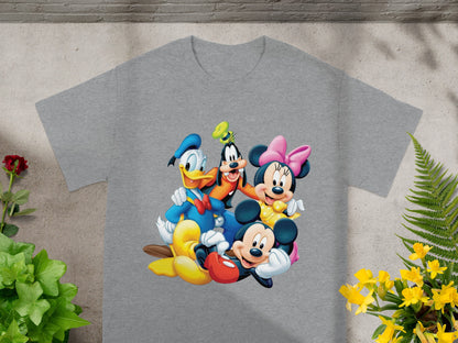 Mickey Mouse, Minnie Mouse, Donald Duck, and Goofy smiling on a gray t-shirt.