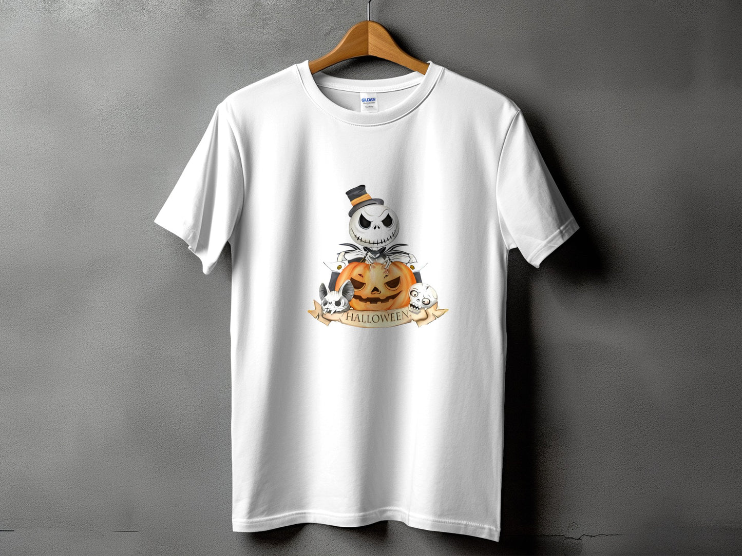 White t-shirt with Halloween graphic of Jack Skellington, pumpkin, and skulls.