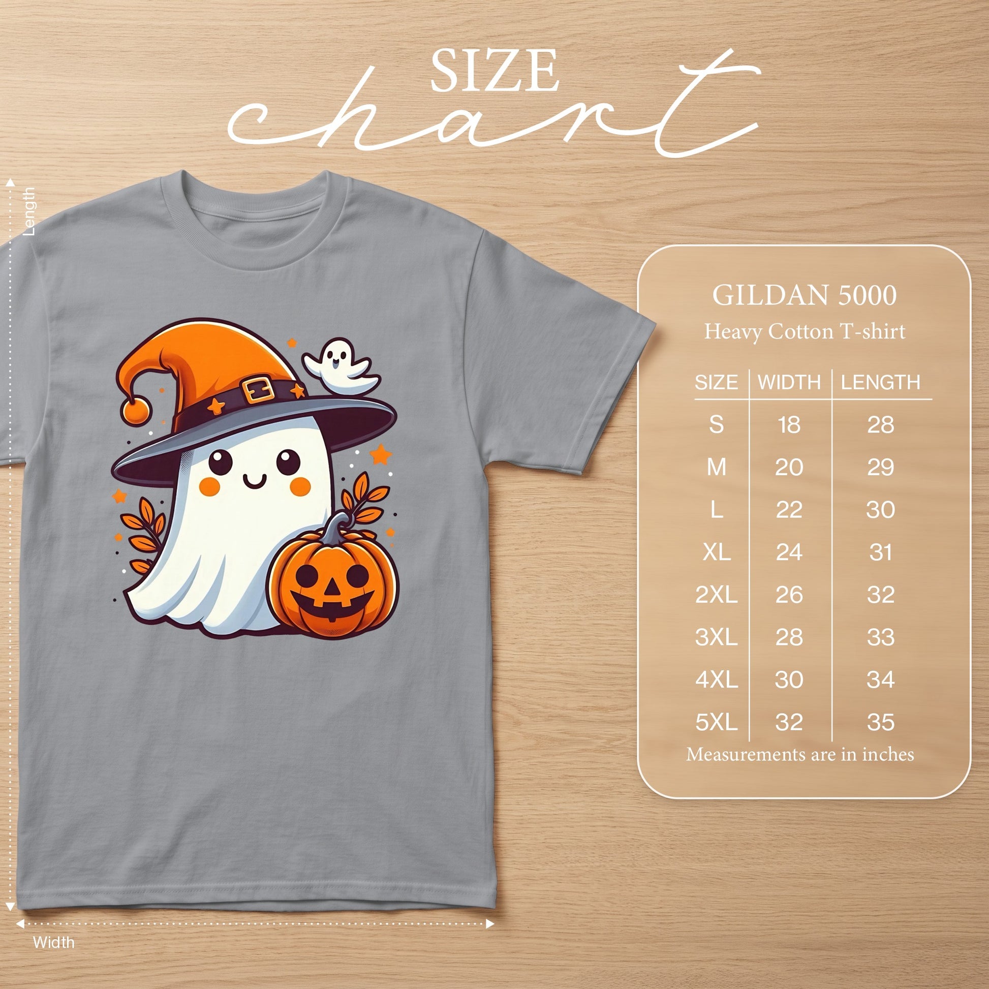 Gray Gildan 5000 Heavy Cotton T-shirt with cute ghost and pumpkin Halloween graphic.