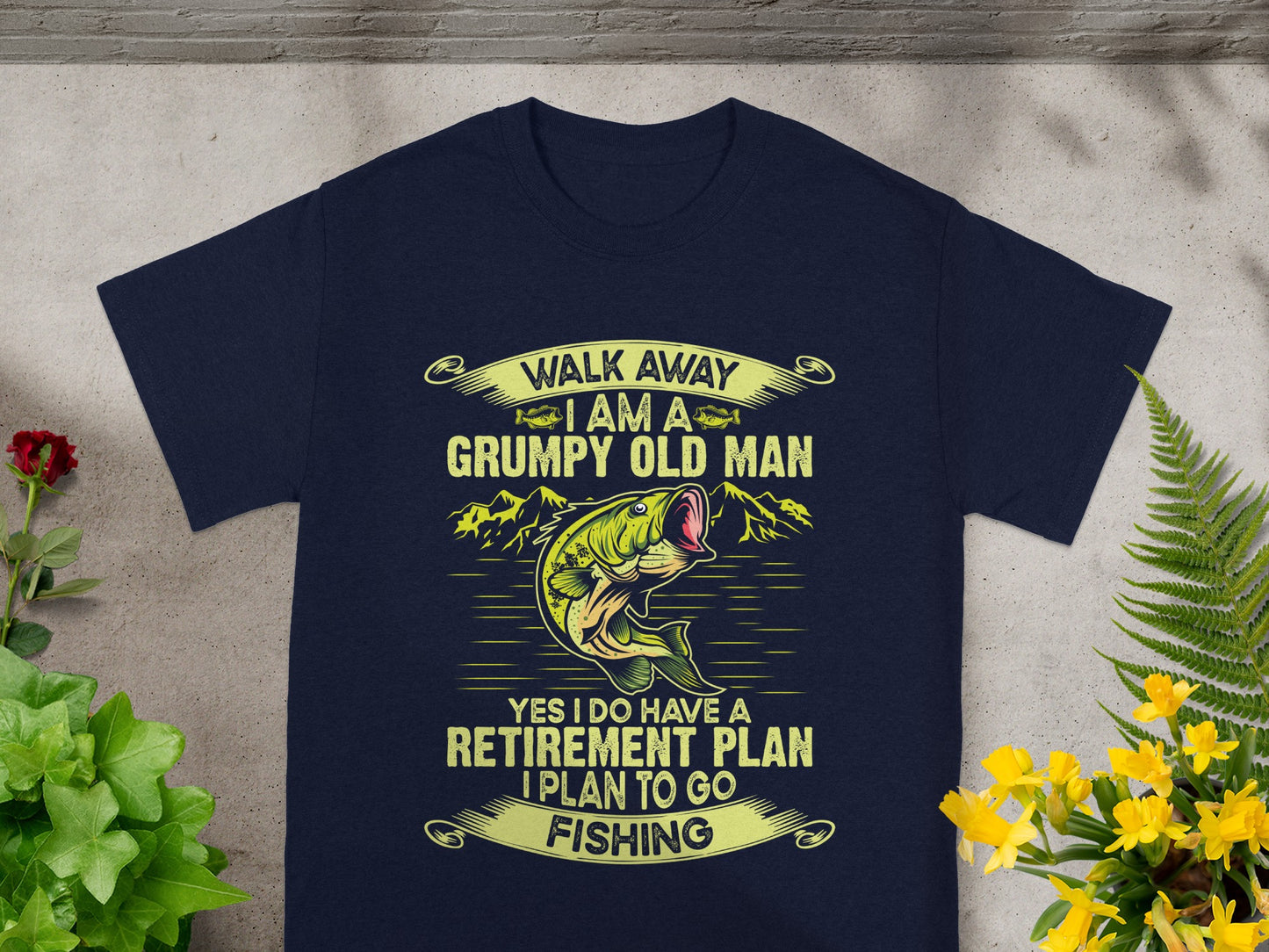 Navy t-shirt with text "Walk Away I am a Grumpy Old Man" and a bass.
