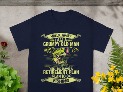 Navy t-shirt with text "Walk Away I am a Grumpy Old Man" and a bass.