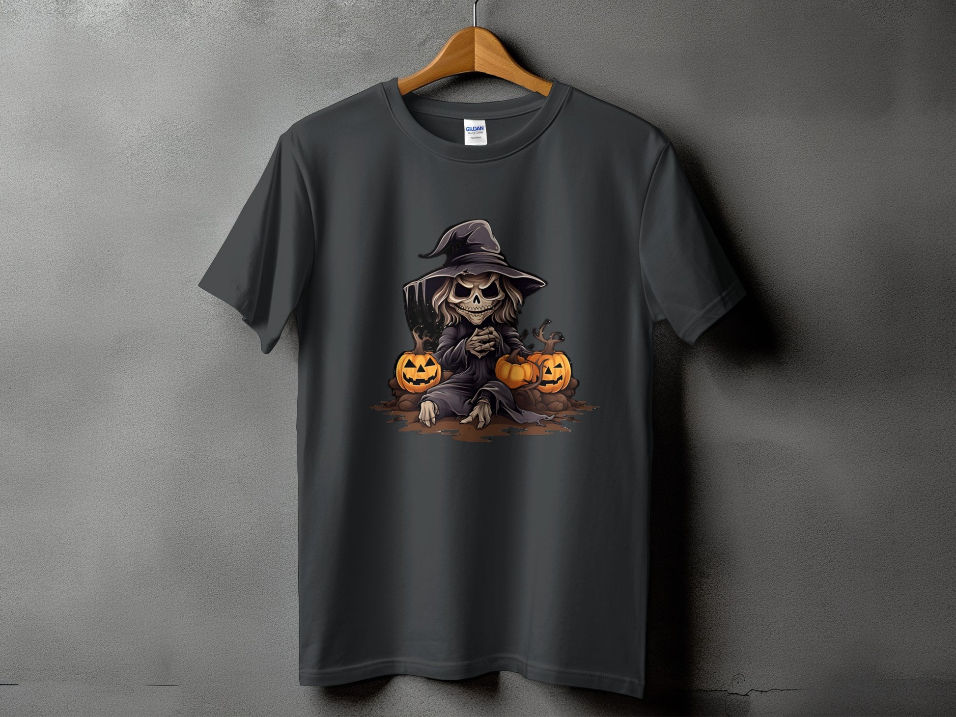 Dark gray t-shirt with a skeleton in a witch hat and pumpkins graphic.