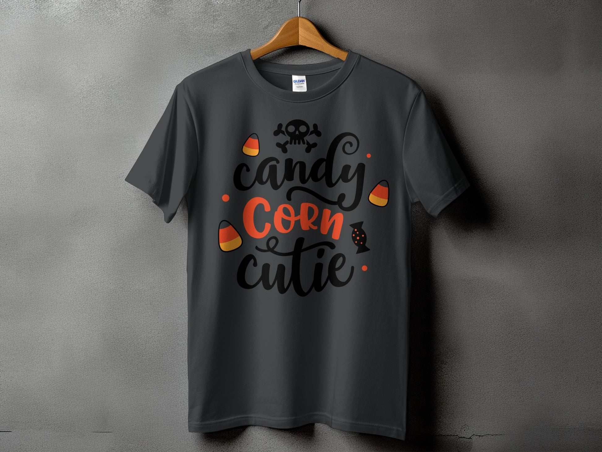Dark grey t-shirt with "Candy Corn Cutie" text and Halloween graphics.