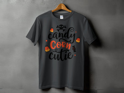 Dark grey t-shirt with "Candy Corn Cutie" text and Halloween graphics.