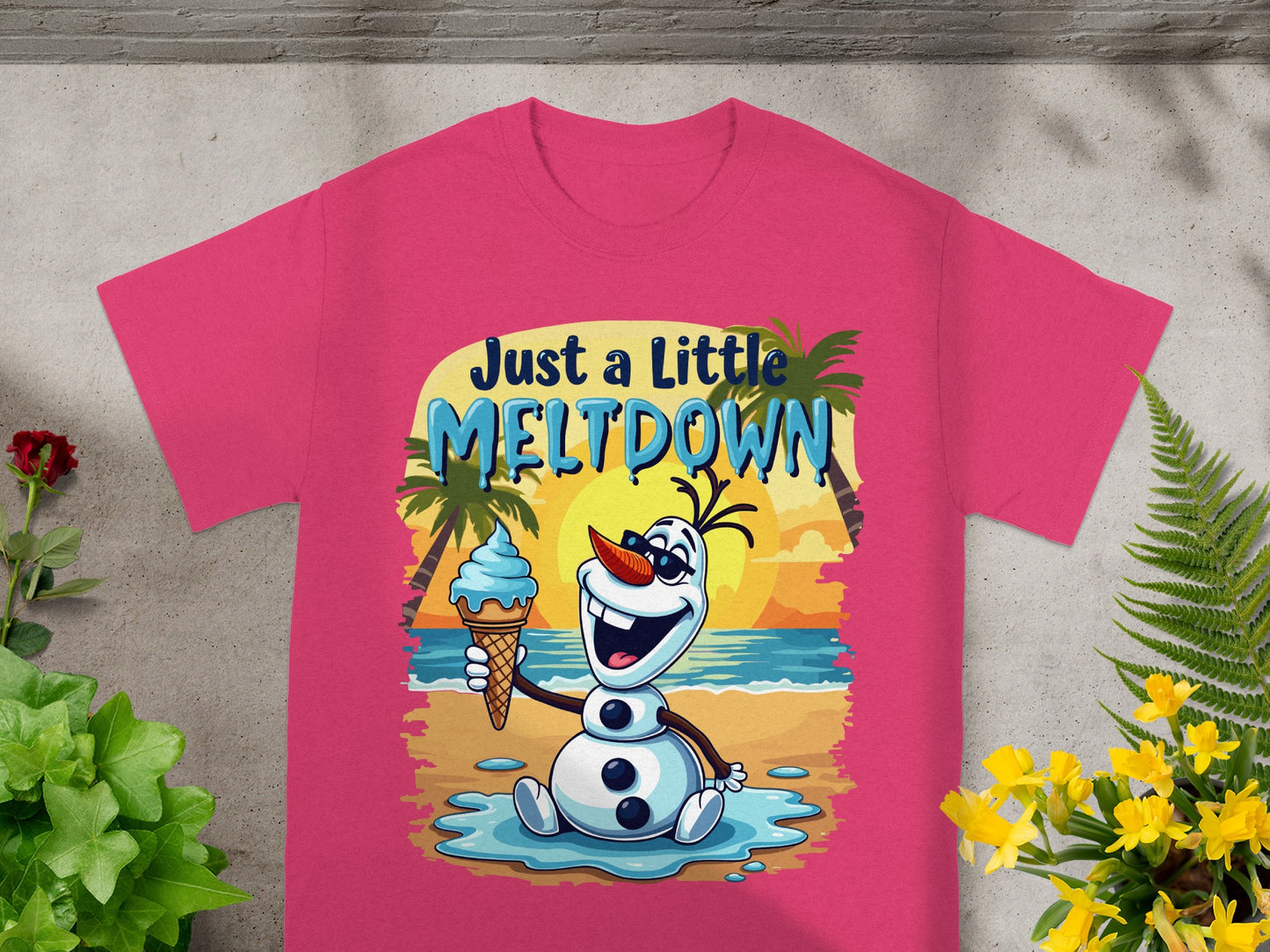 Olaf holding an ice cream cone on a beach with "Just a Little Meltdown" text.