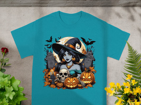 Halloween design with witch, pumpkins, skulls, bats, and tombstones.