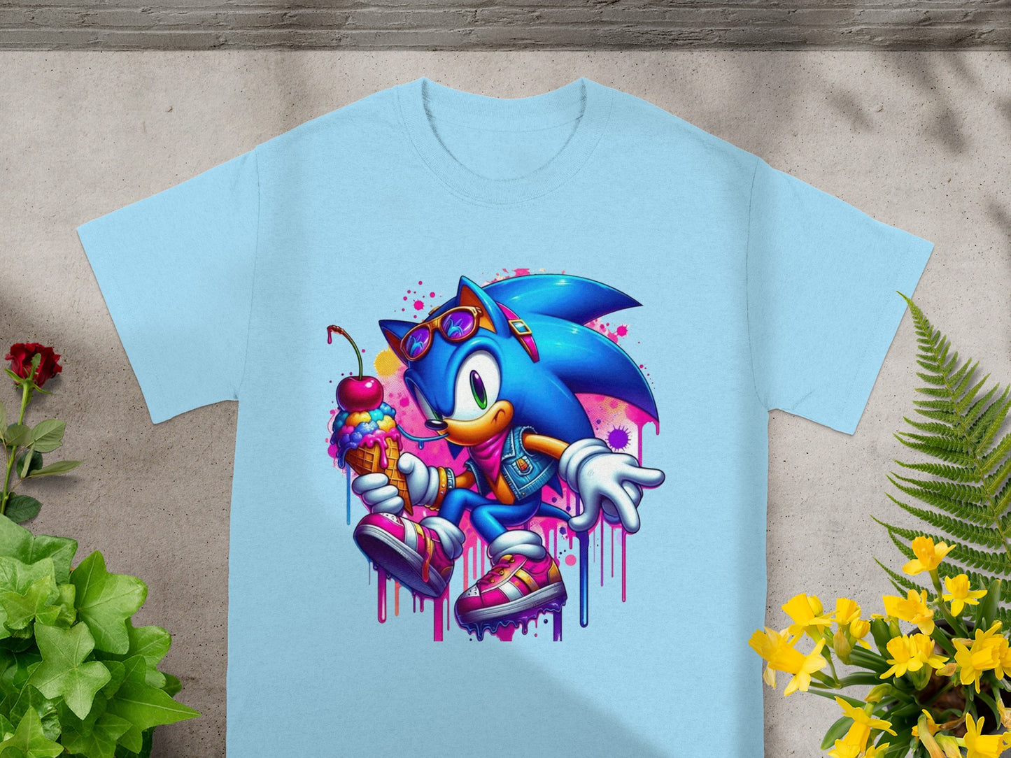 Sonic the Hedgehog in sunglasses holding a colorful ice cream cone with a cherry on top.