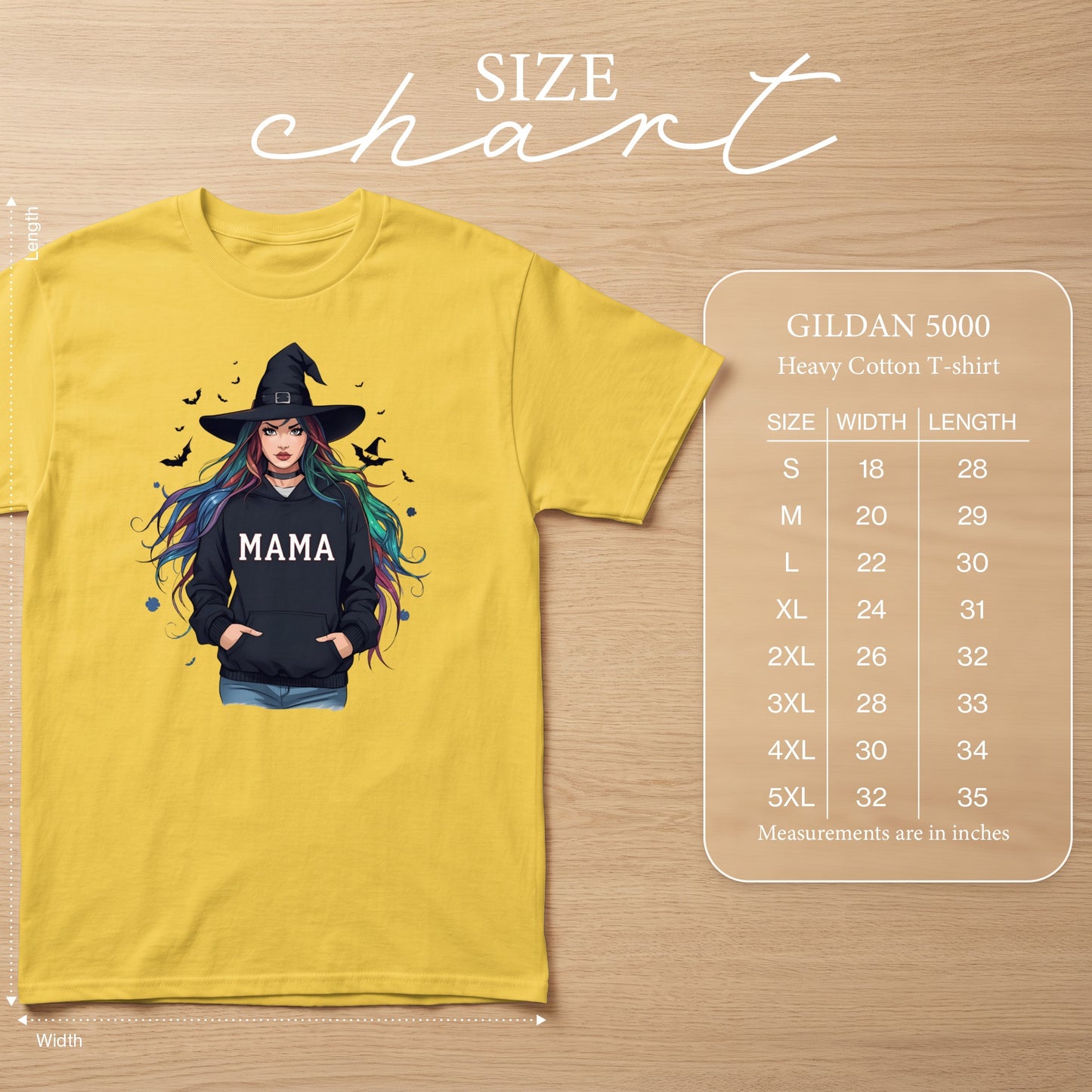 Yellow t-shirt with witch graphic and "MAMA" text, includes Gildan size chart.