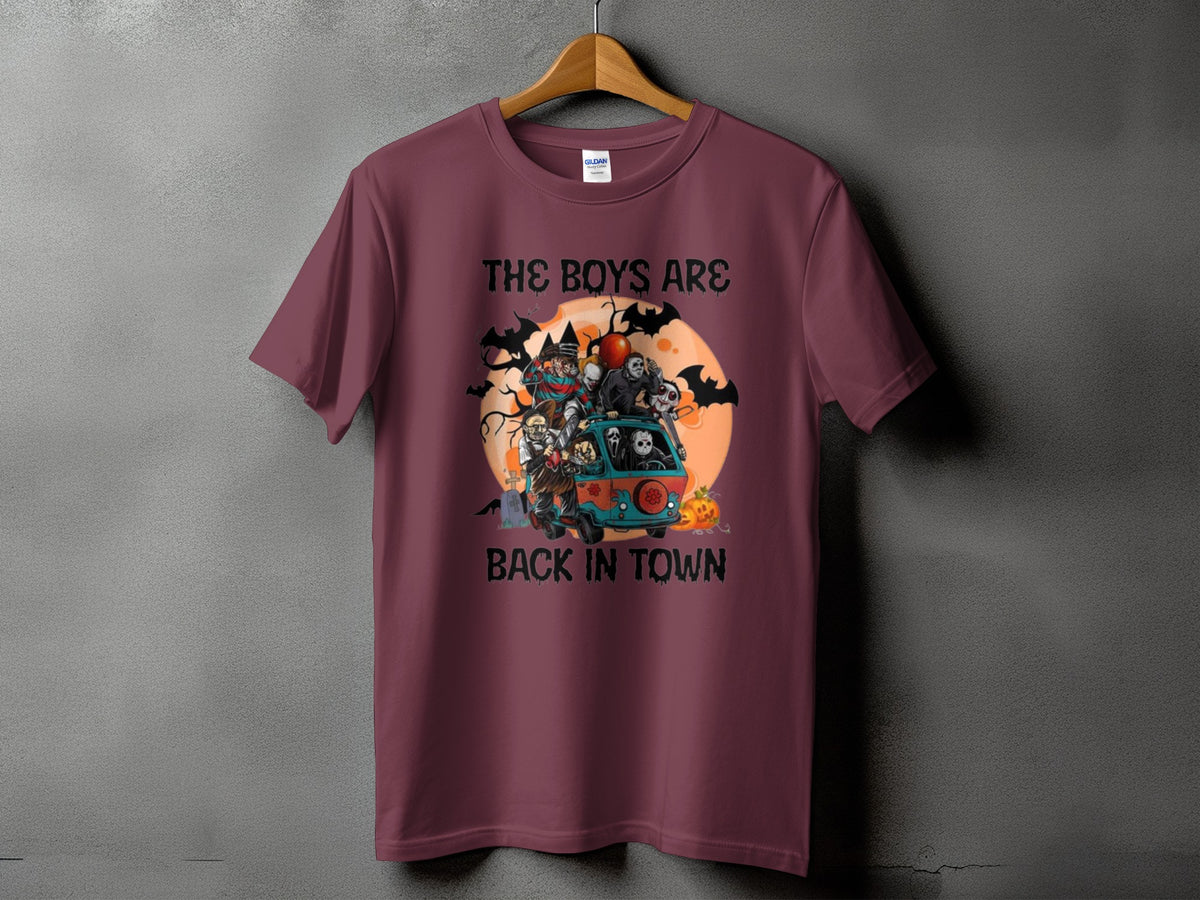 Burgundy t-shirt with "The Boys Are Back In Town" text and horror characters in a van.
