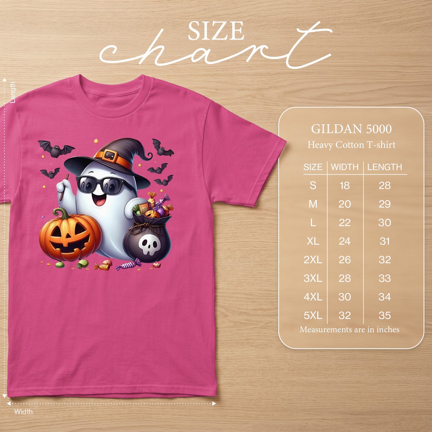 Pink t-shirt with cartoon ghost, pumpkin, candy bag, and bats. Size chart included.