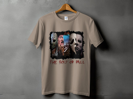 T-shirt with horror movie villains and text "THE BOYS OF FALL".