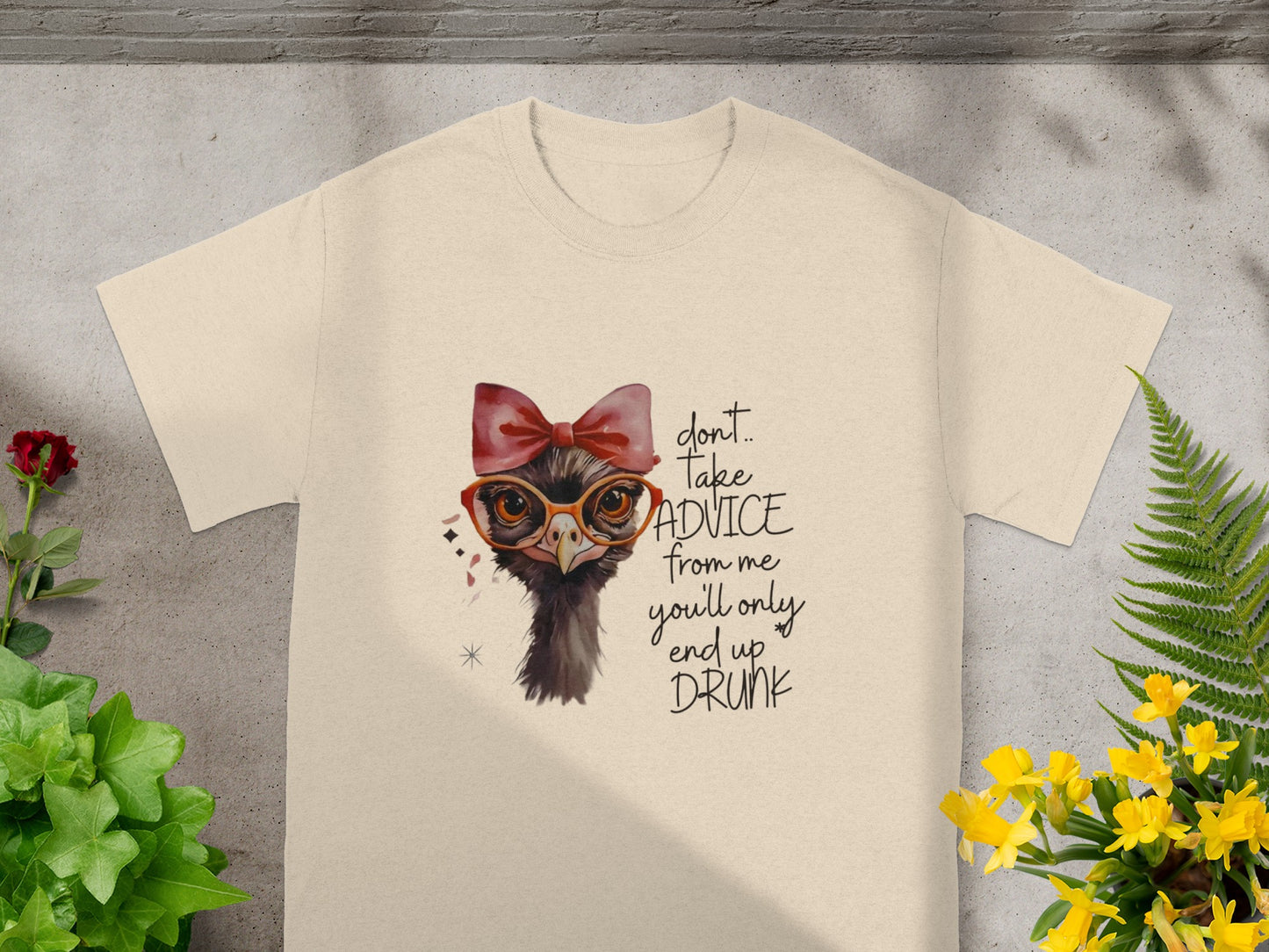 Funny Ostrich With Red Bow and Glasses Printed T-shirt